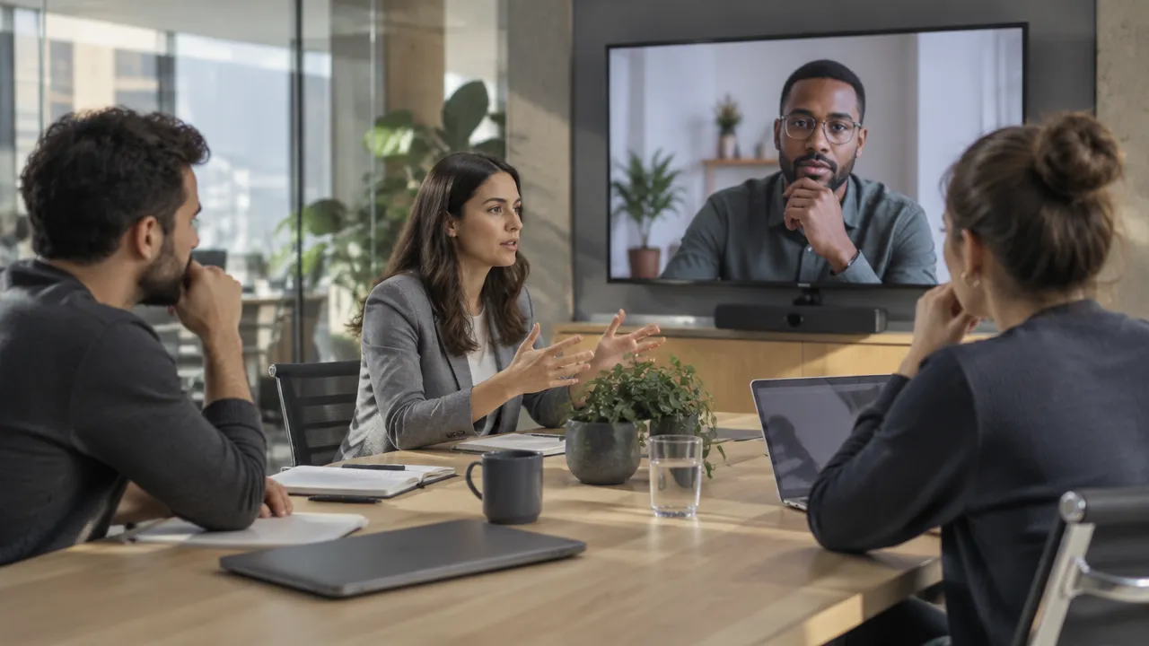 Equipo híbrido conversa en una reunión presencial y por videollamada con una líder que facilita la participación.
