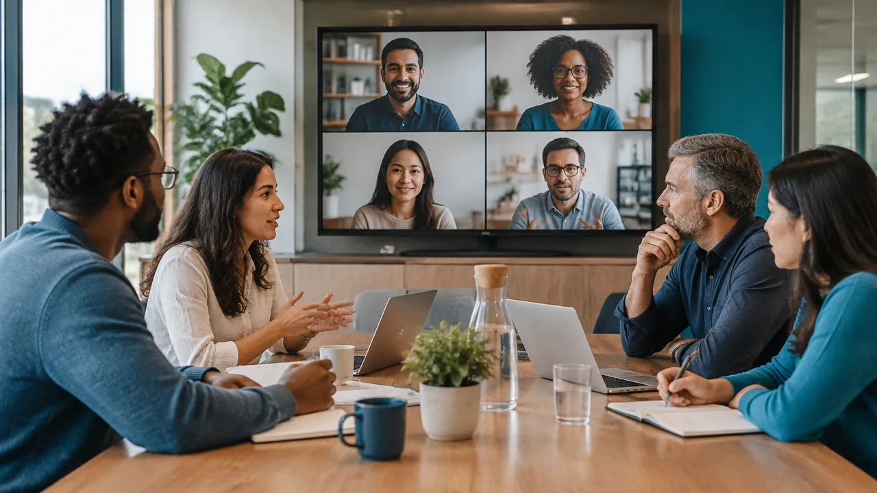 Equipo híbrido conversa en una sala mientras colegas remotos participan en pantalla, con presencia equilibrada.