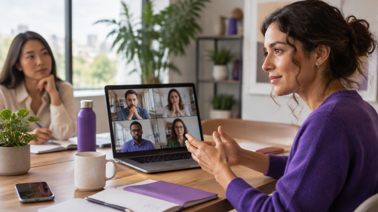 Equipo híbrido en videollamada, con una persona facilitando una conversación serena entre colegas presenciales y remotos.