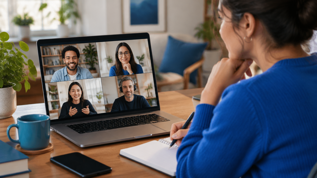 Equipo remoto internacional conversa por videollamada en un entorno profesional que transmite escucha y cuidado.