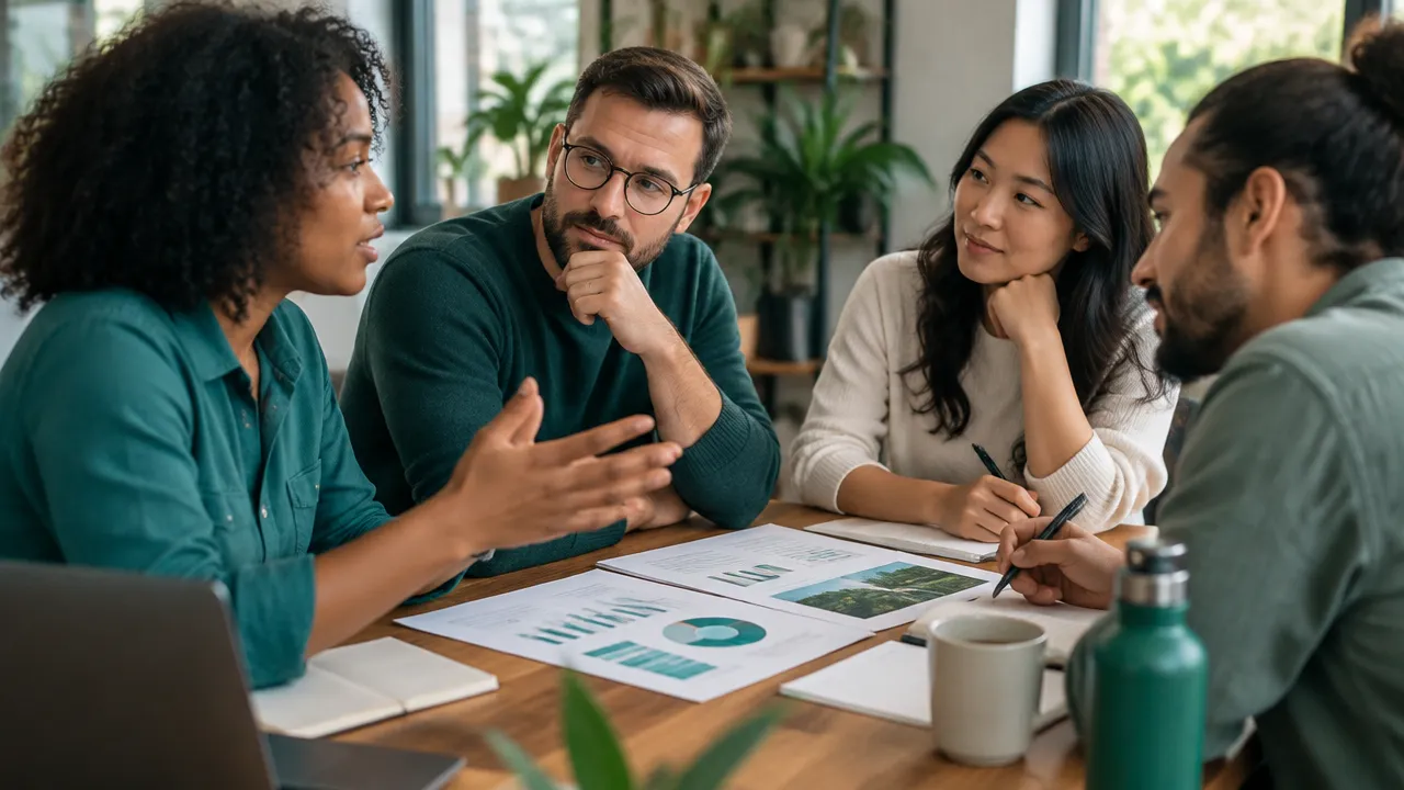 Equipo revisa indicadores de bienestar laboral y resultados sociales durante una conversación de trabajo