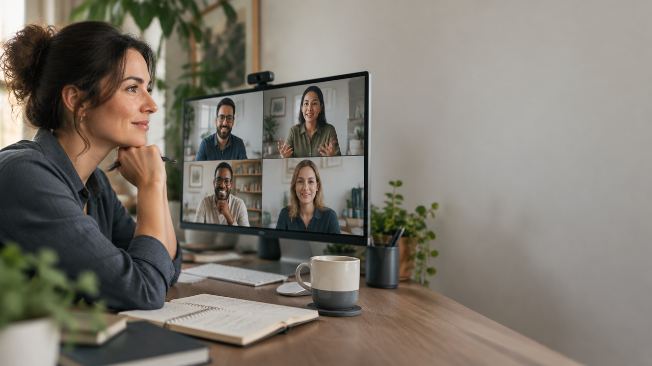 Equipo virtual en videollamada practicando escucha atenta y conexión humana