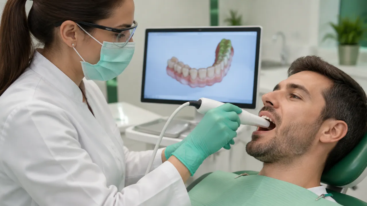 Escaneamento intraoral com visualização tridimensional das arcadas em monitor odontológico