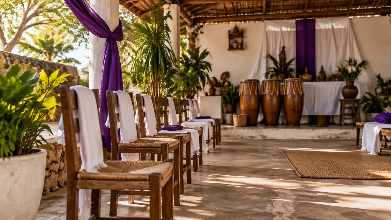 Espaço comunitário de terreiro preparado para uma celebração, com atabaques ao fundo