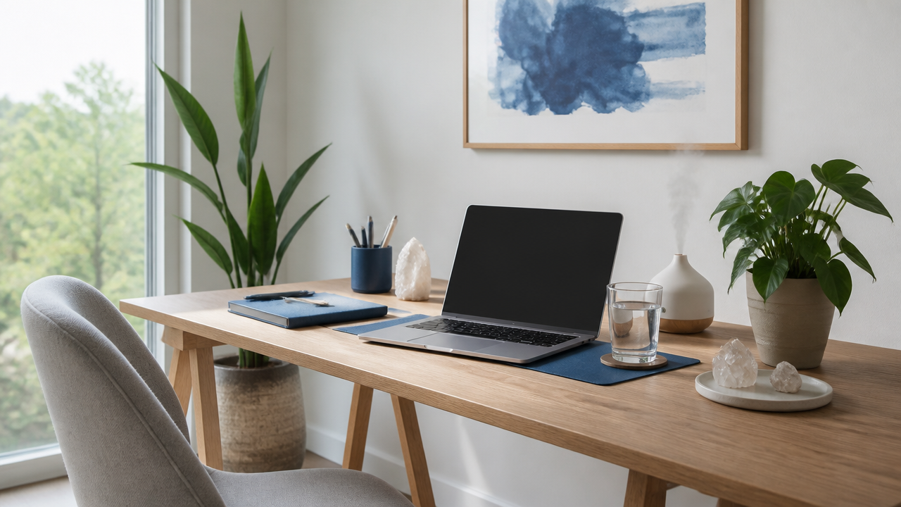 Espaço de home office organizado com planta, água e cristal para proteção energética