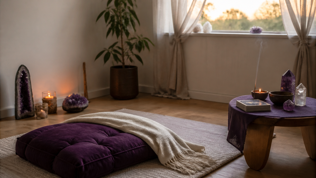 Espaço de meditação preparado com almofada, vela e cartas em ambiente sereno