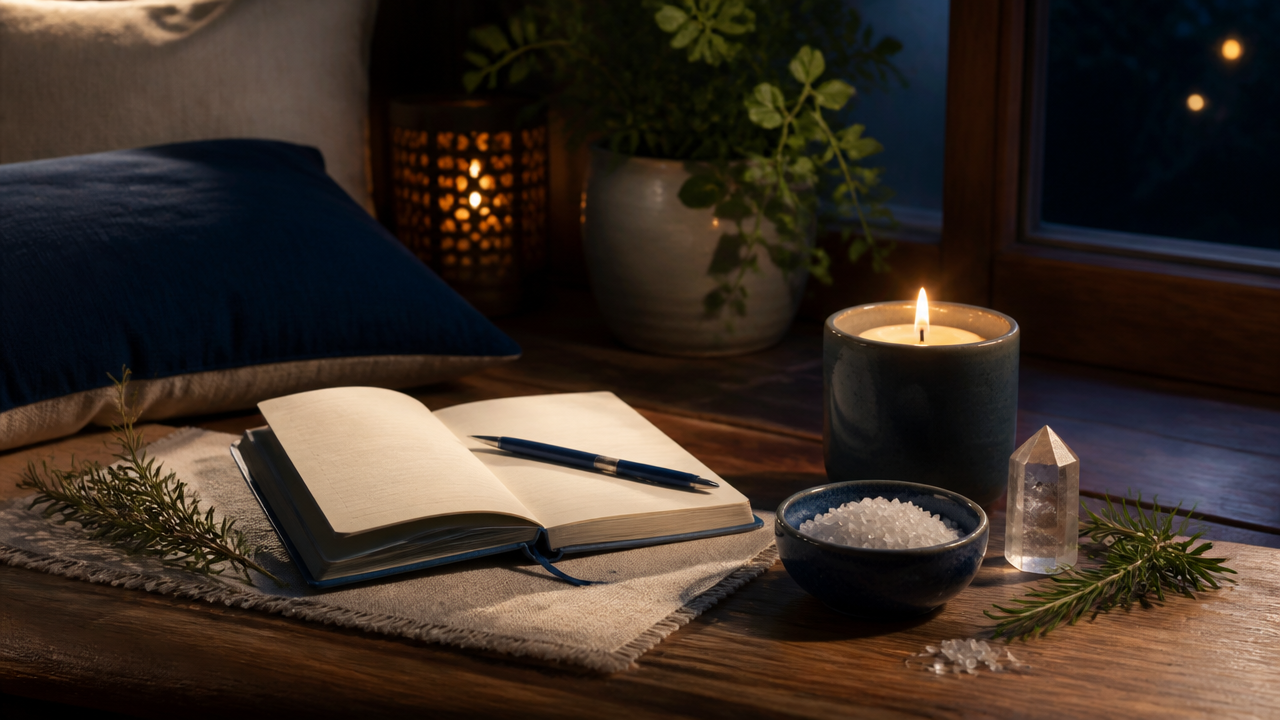 Espaço de ritual simples com diário, vela, sal grosso e alecrim para escrever intenções lunares
