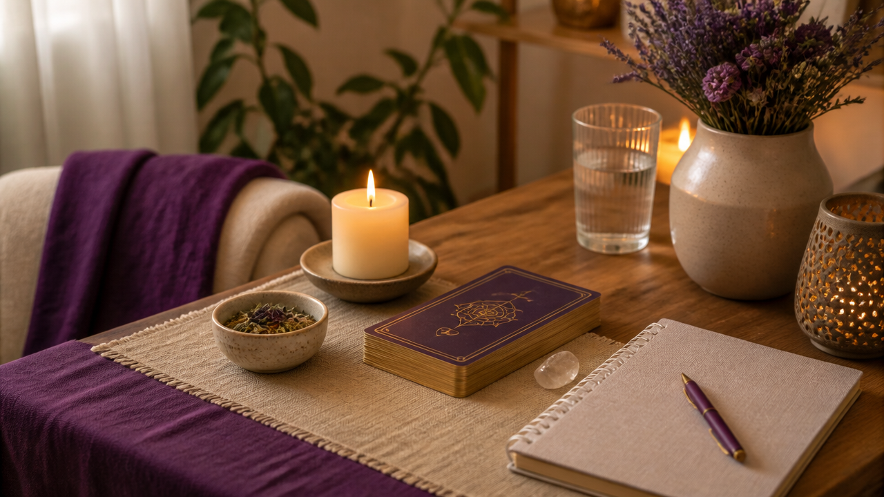 Espaço organizado para prática diária com tarot, vela, ervas e caderno.