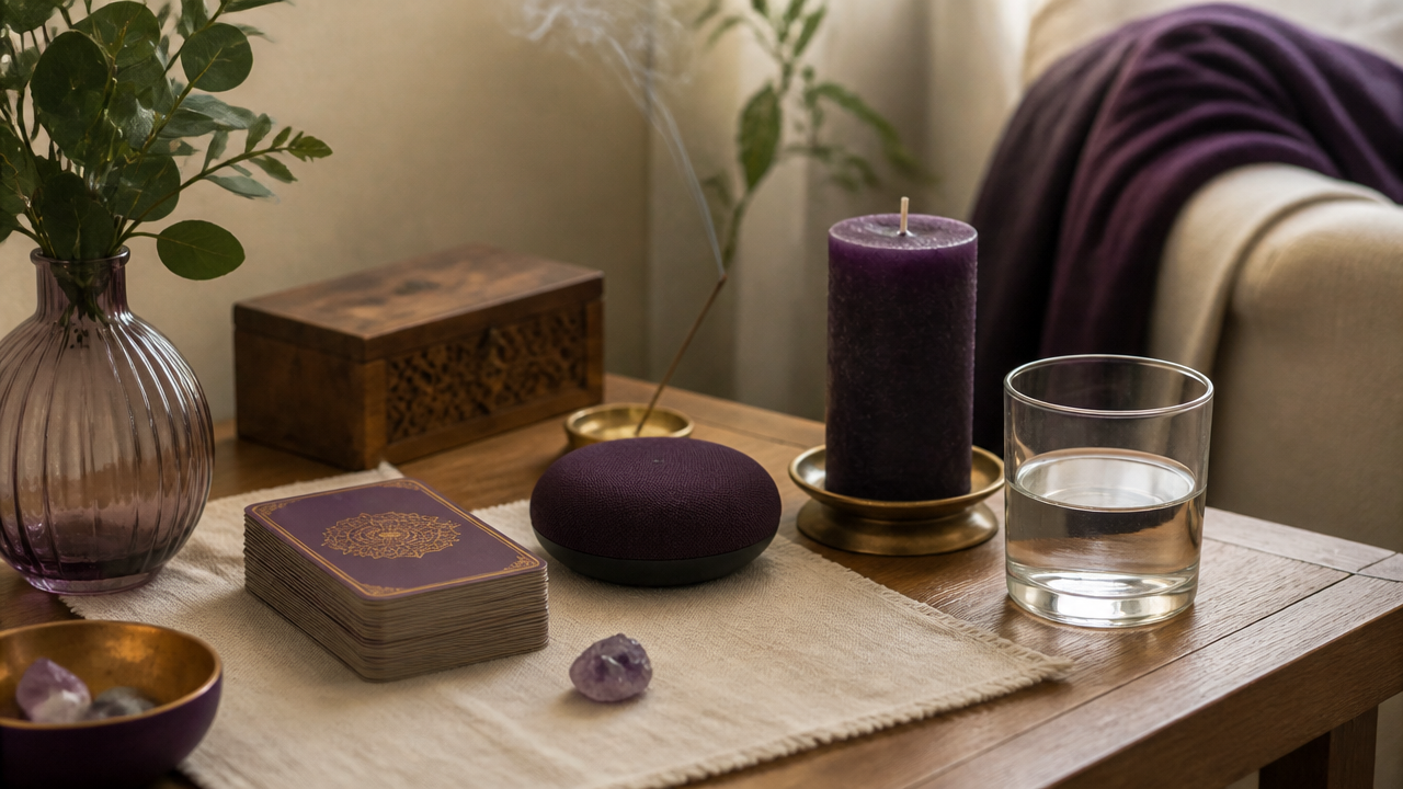 Espaço organizado para ritual com cartas, música ambiente e elementos de proteção energética.