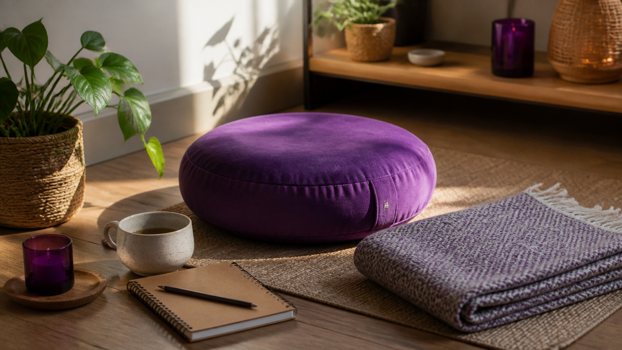 Espaço simples e acolhedor preparado para uma prática diária de meditação em casa