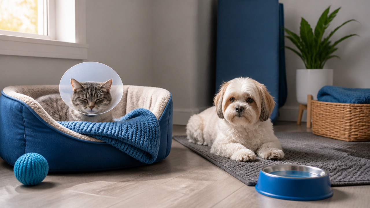 Espaço tranquilo de recuperação para pet com cama, água e proteção da incisão