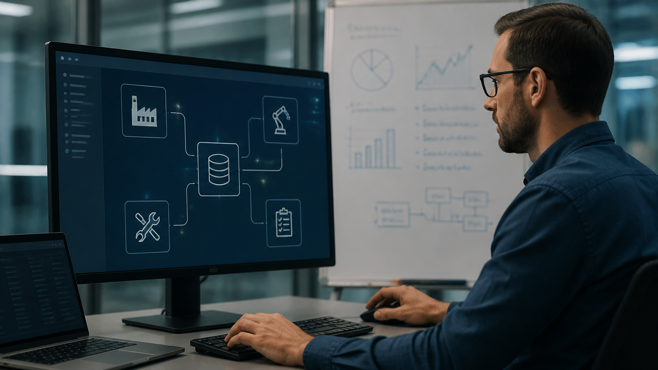 Especialista configurando integração de dados industriais e definição de indicadores.