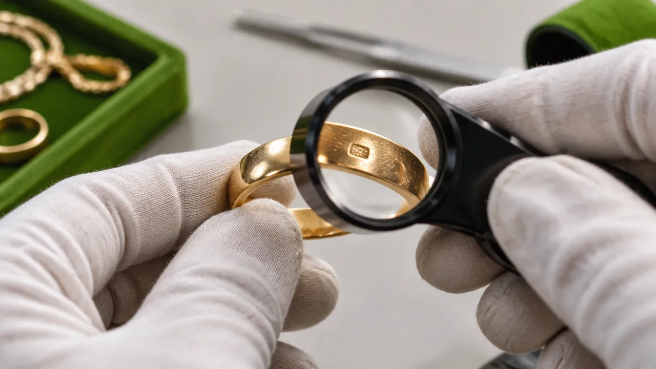 Especialista examina com lupa a marcação de uma joia de ouro usada