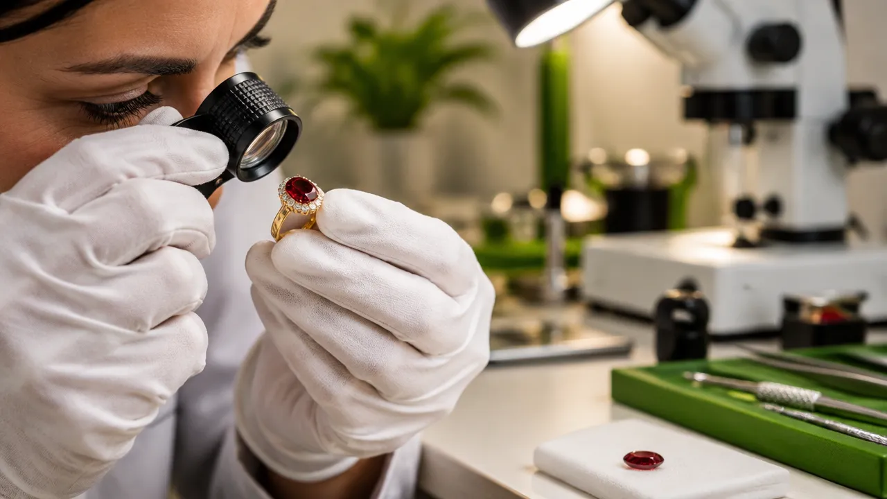 Especialista examina com lupa uma gema vermelha cravada em joia de ouro.