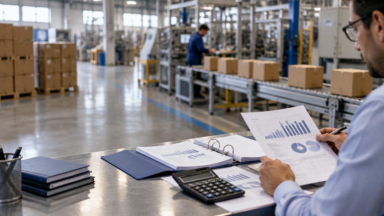 Especialista fiscal analisa documentos tributários diante de uma linha de produção industrial