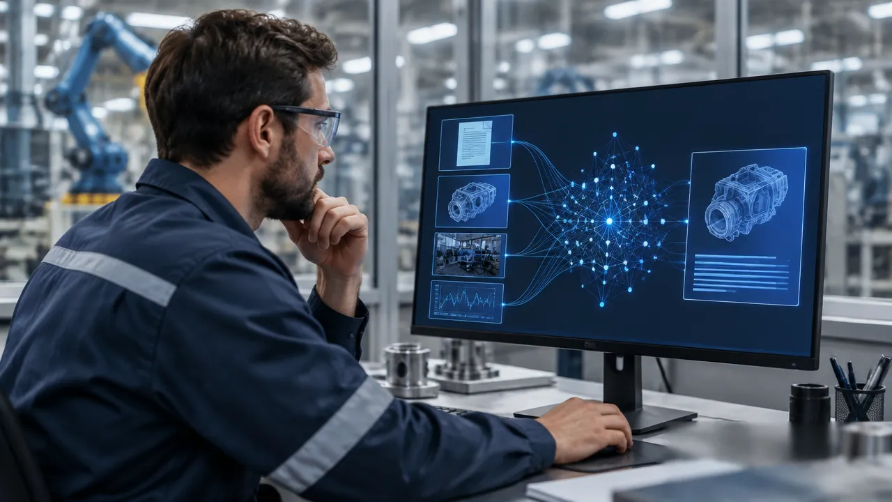 Especialista industrial consulta uma interface de IA que organiza documentos e dados técnicos