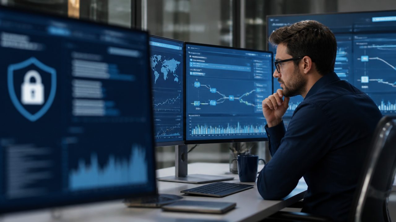 Especialista revisando controles de acesso e rastreabilidade de dados em ambiente corporativo.
