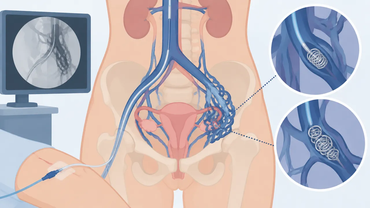 Esquema de cateter endovascular guiado por imagem durante embolização de veias pélvicas.