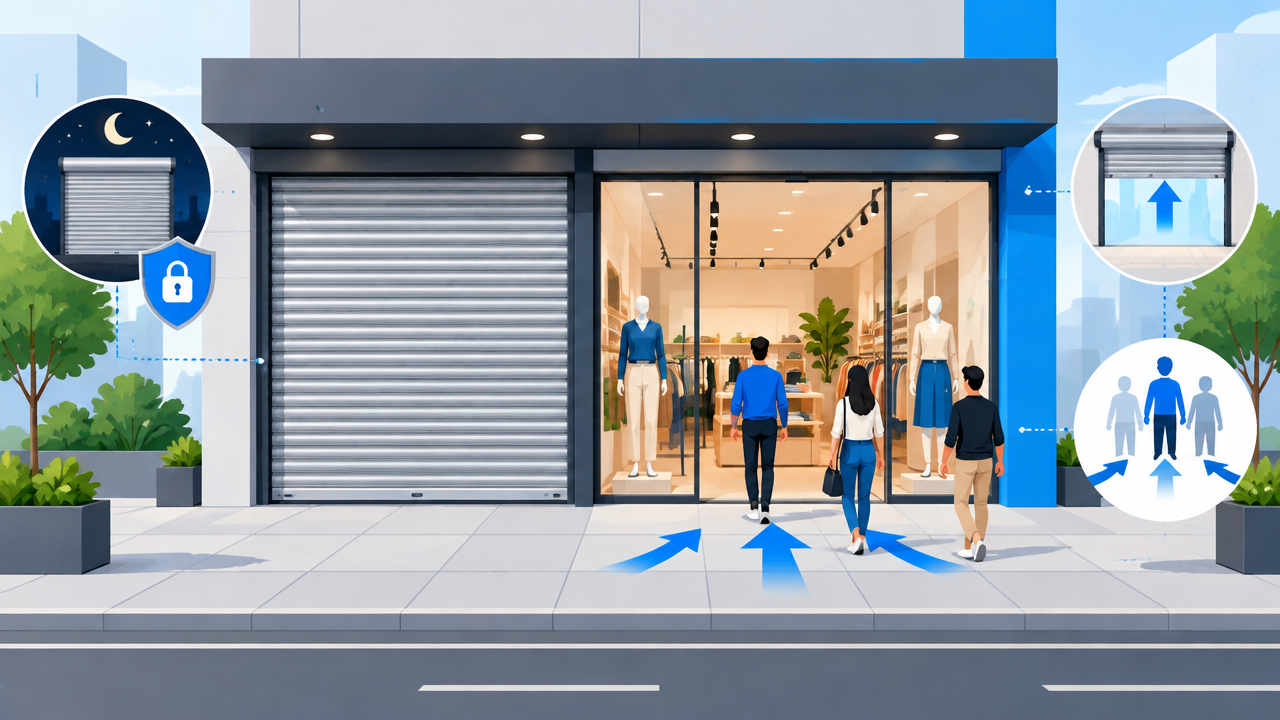 Esquema ilustrado comparando porta de enrolar e vitrine de vidro em uma fachada comercial