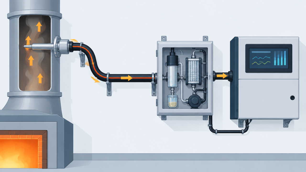 Esquema ilustrado da sonda, linha de amostragem e analisador de gases em uma instalação crematória