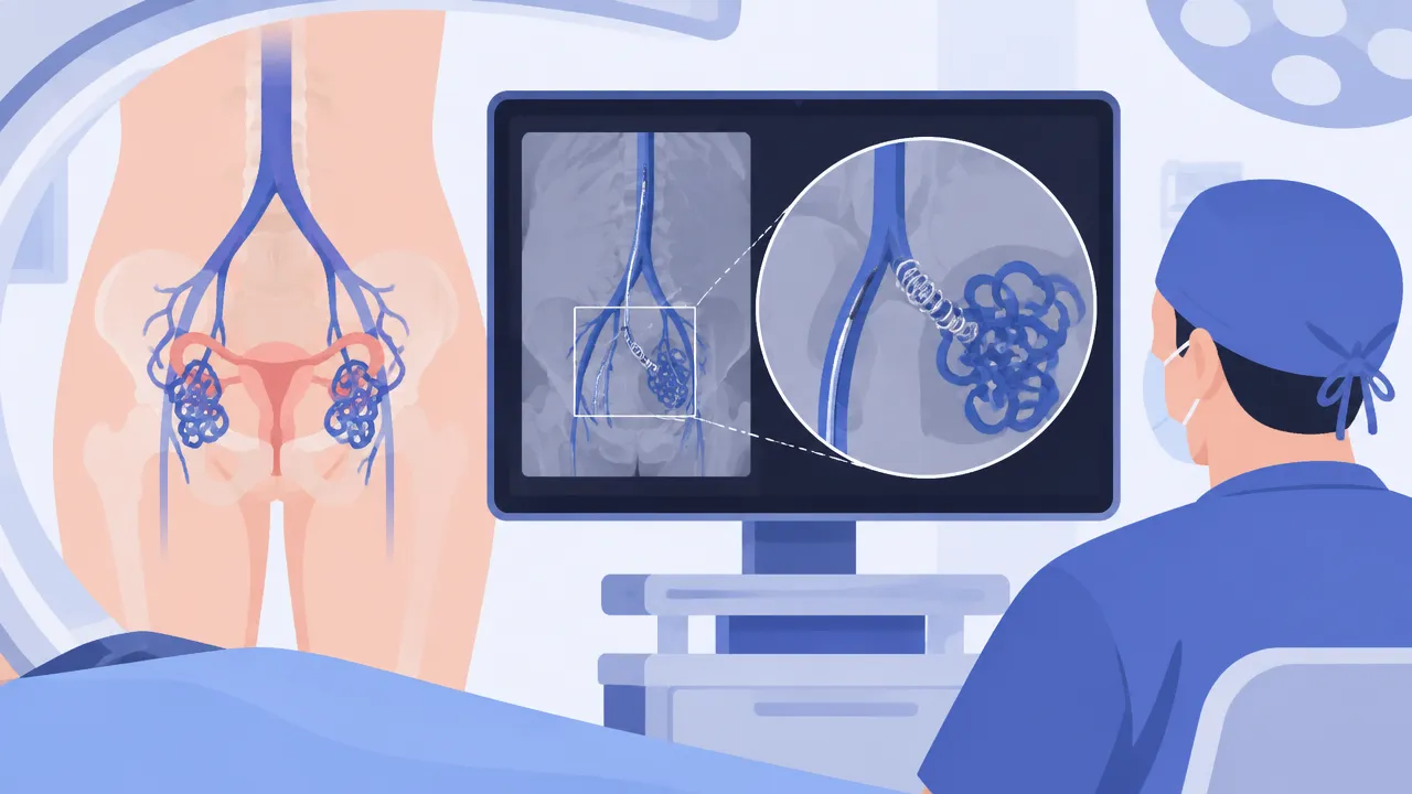 Esquema ilustrado de cateter guiado por imagem alcançando veias pélvicas durante uma embolização endovascular
