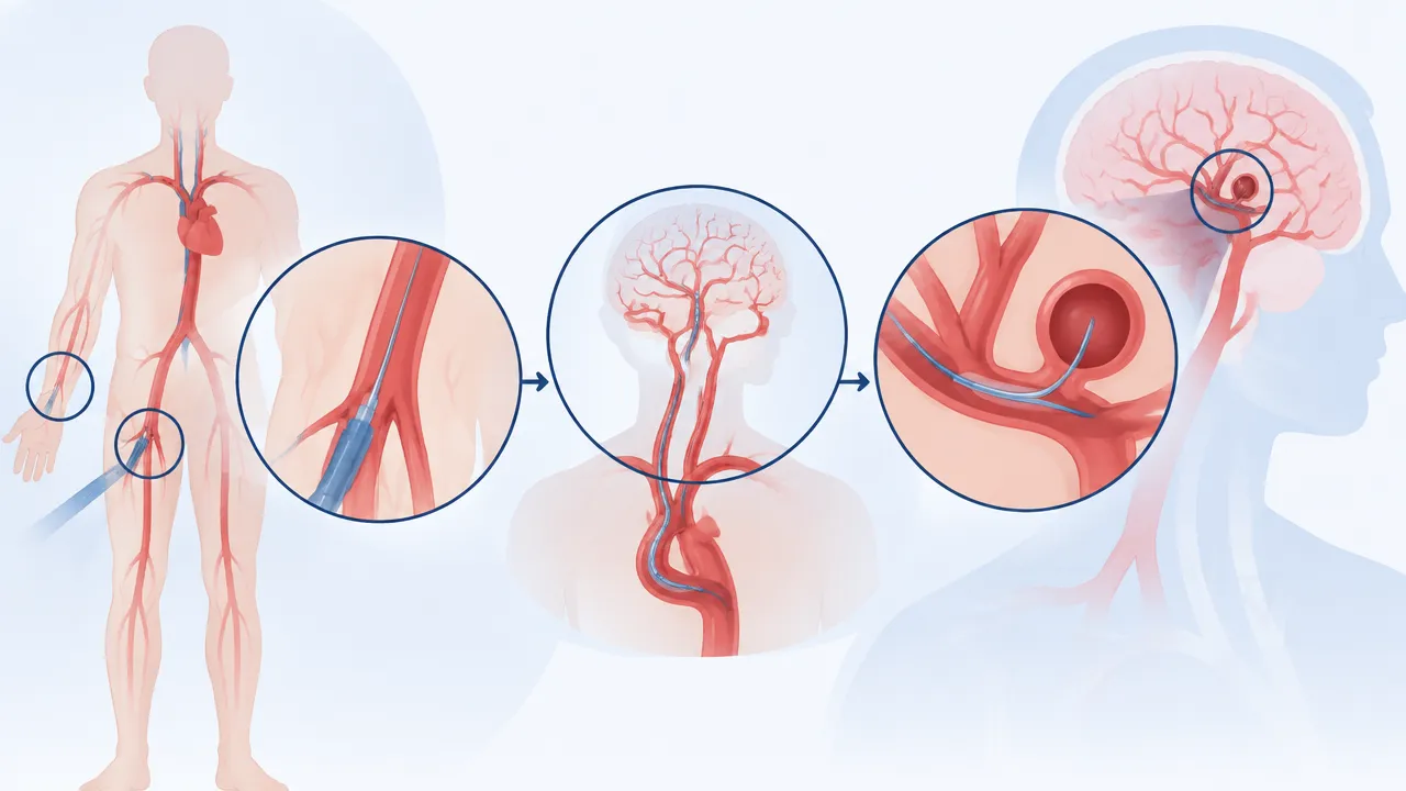 Esquema ilustrado do trajeto do cateter pelos vasos até o aneurisma cerebral