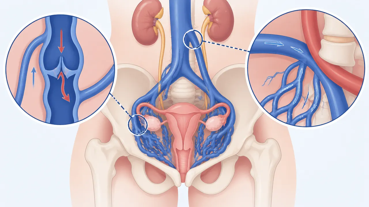 Esquema ilustrado mostrando refluxo venoso e compressão como mecanismos de varizes pélvicas
