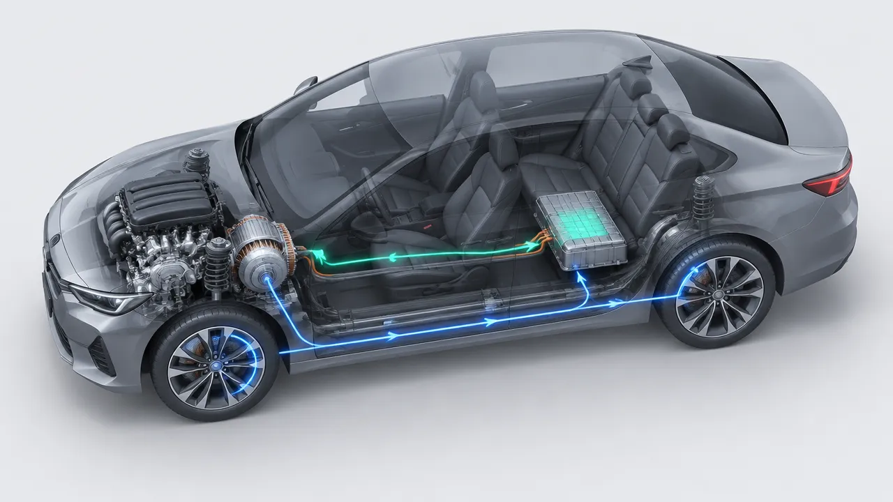 Esquema isométrico de um híbrido pleno mostrando motor, bateria e recuperação de energia durante a frenagem.