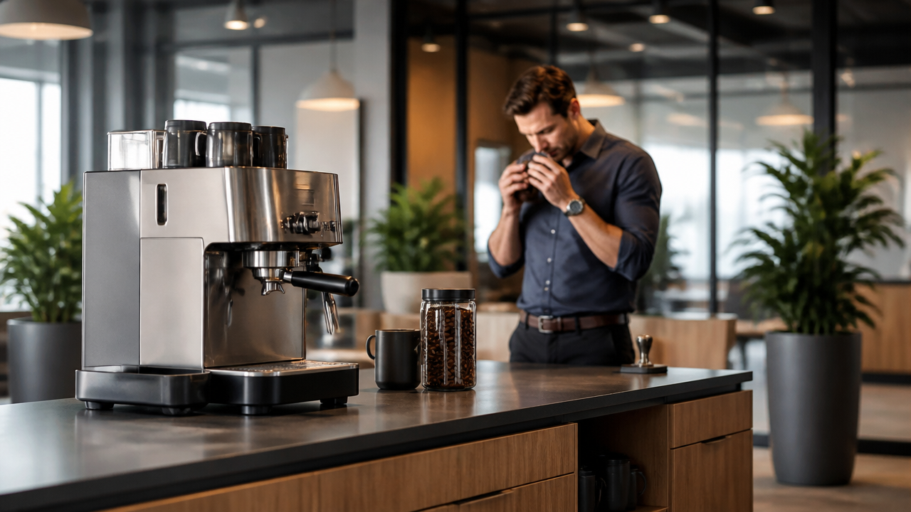 Estação de café em escritório com máquina de espresso e inspeção dos grãos antes da moagem