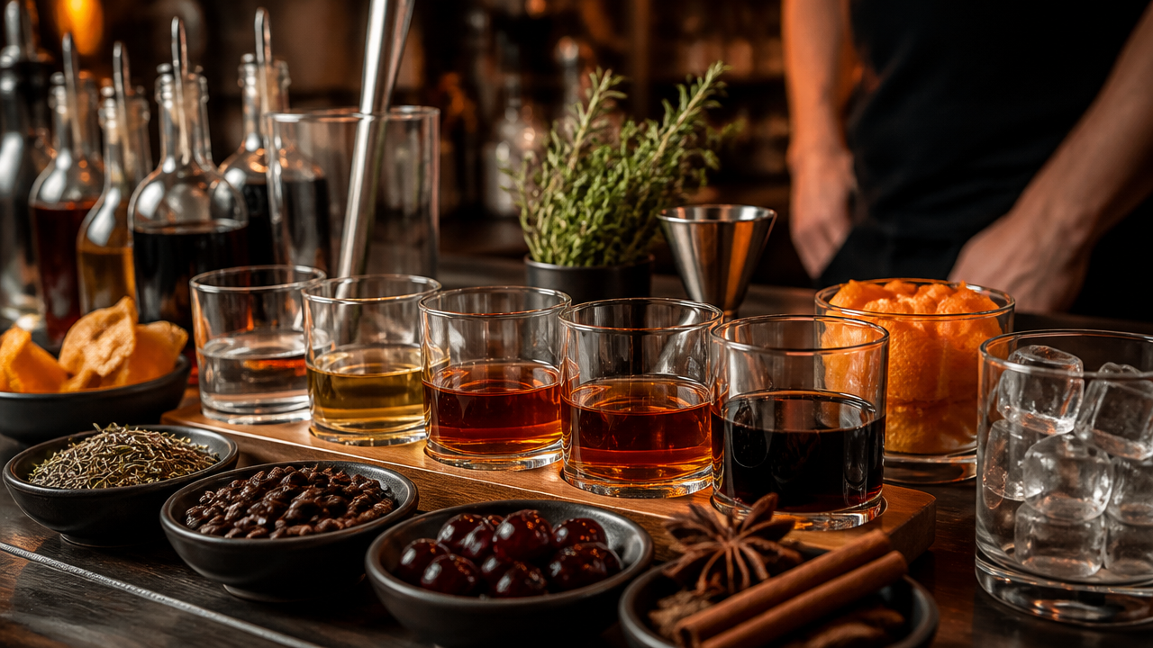 Estação de degustação com amostras de licores e ingredientes aromáticos em um ambiente de bar escola.