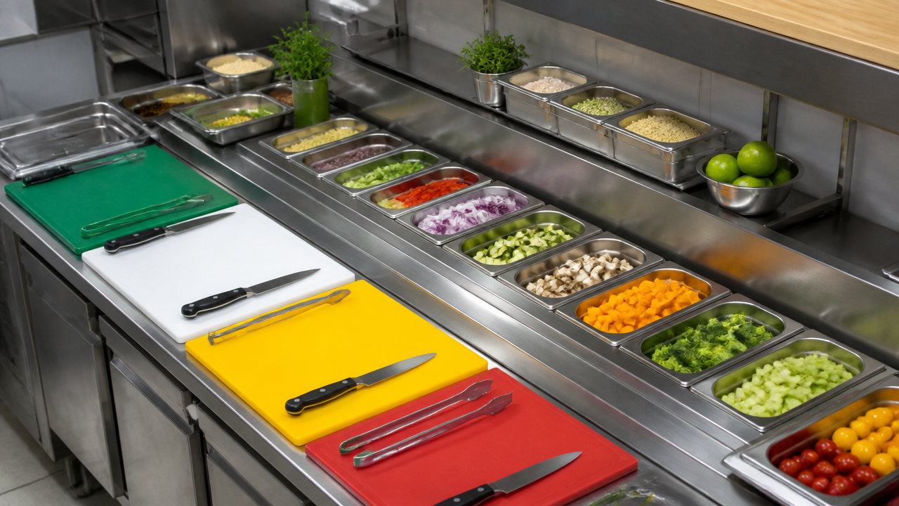 Estação de mise en place organizada com ingredientes porcionados e utensílios alinhados em cozinha profissional.
