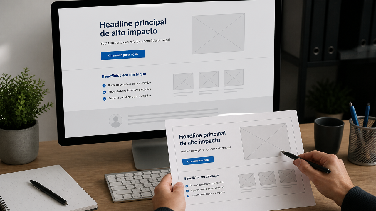 Profissional aplicando técnicas de copywriting em uma landing page