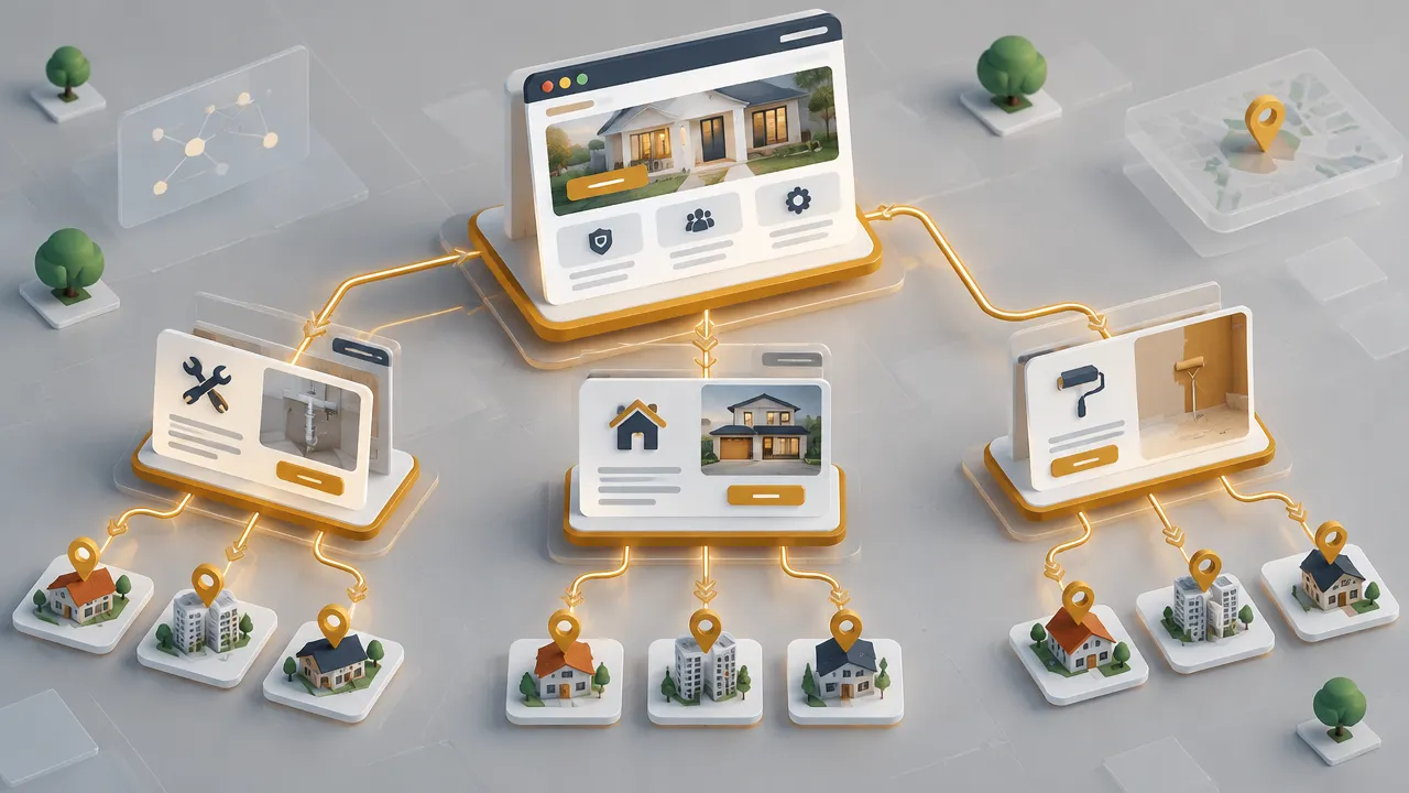 Estrutura de site local conectando página inicial, serviços e páginas de cidades e bairros