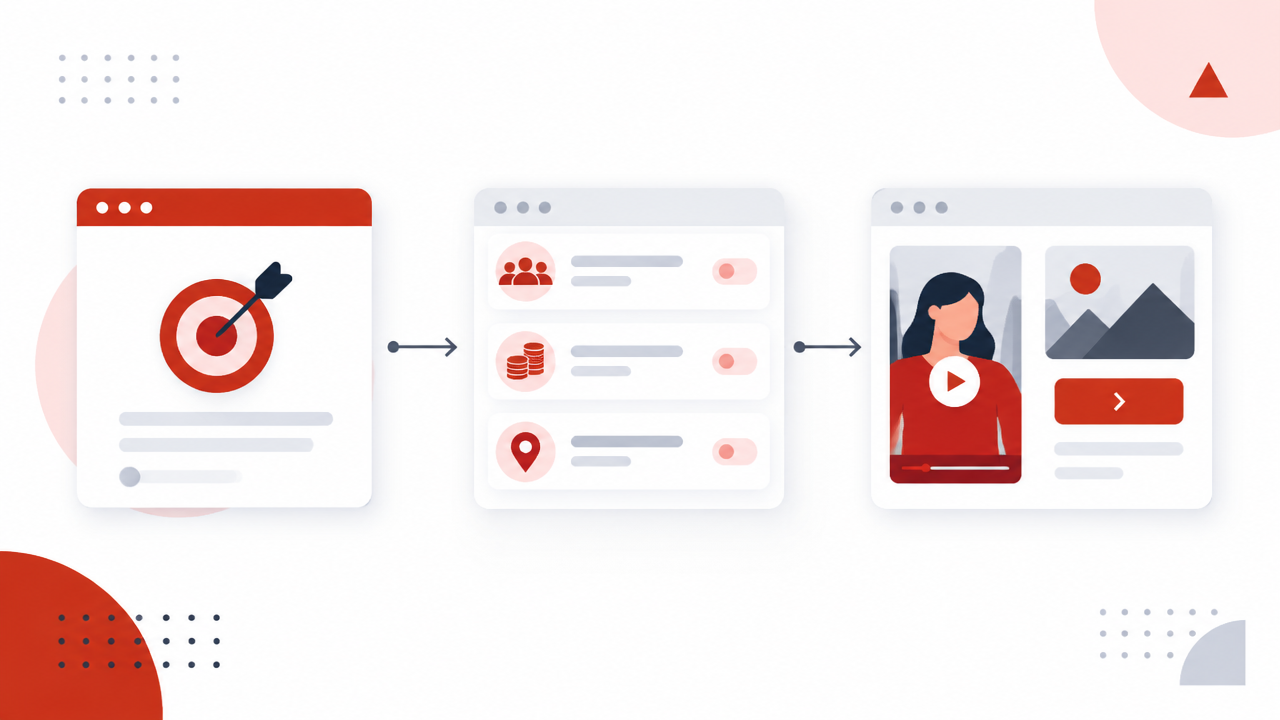 Estrutura visual de campanha com objetivo, público, orçamento, posicionamentos e criativos