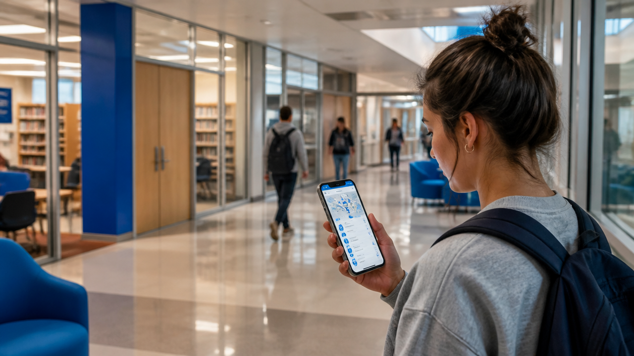 Estudante consultando busca de locais em mapa digital dentro de prédio universitário