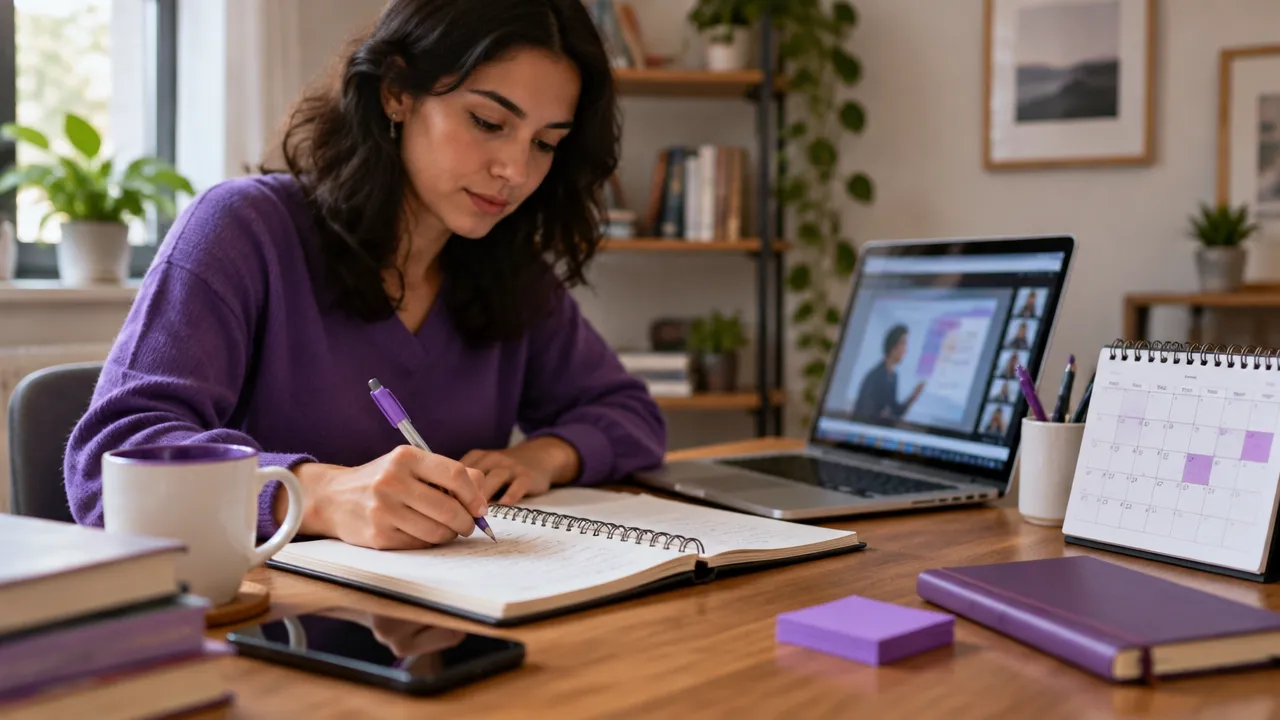 Estudante organizando a rotina de cursos online com notebook, caderno e calendário