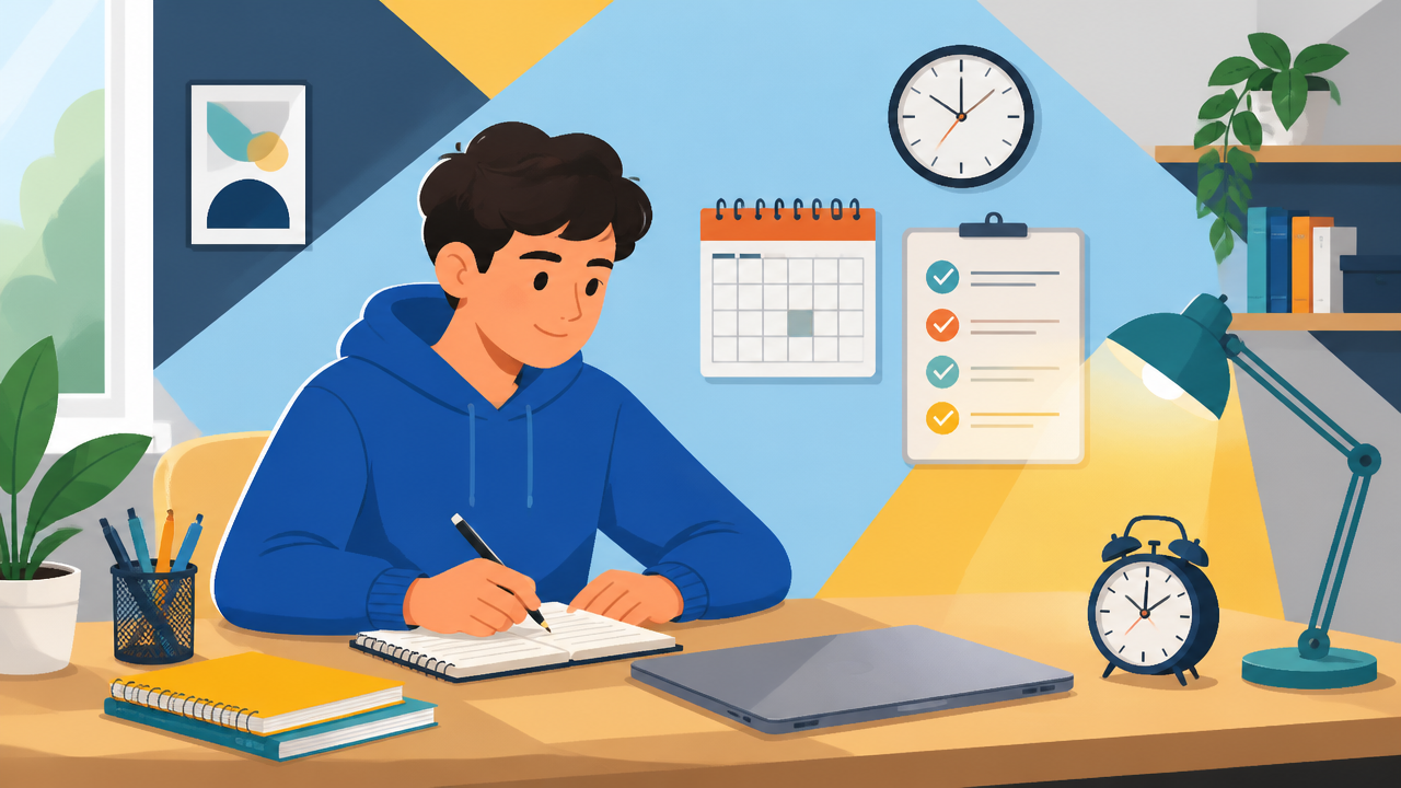 Estudante organizando a rotina de estudos com calendário, cadernos e checklist.