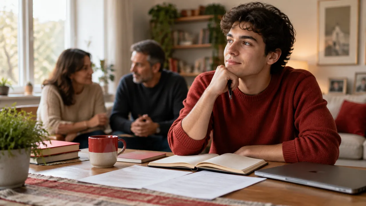 Estudante pondera sobre o futuro acadêmico enquanto conversa com familiares em casa