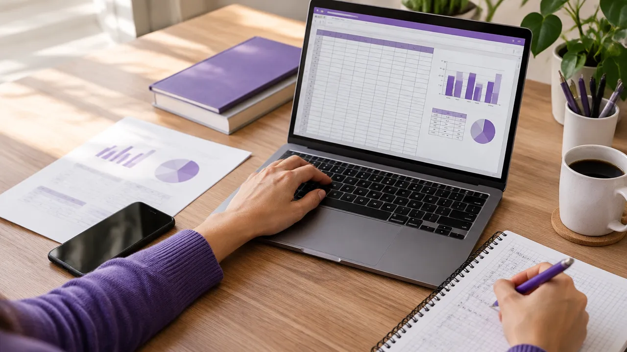 Estudante praticando fórmulas de Excel em uma planilha no notebook