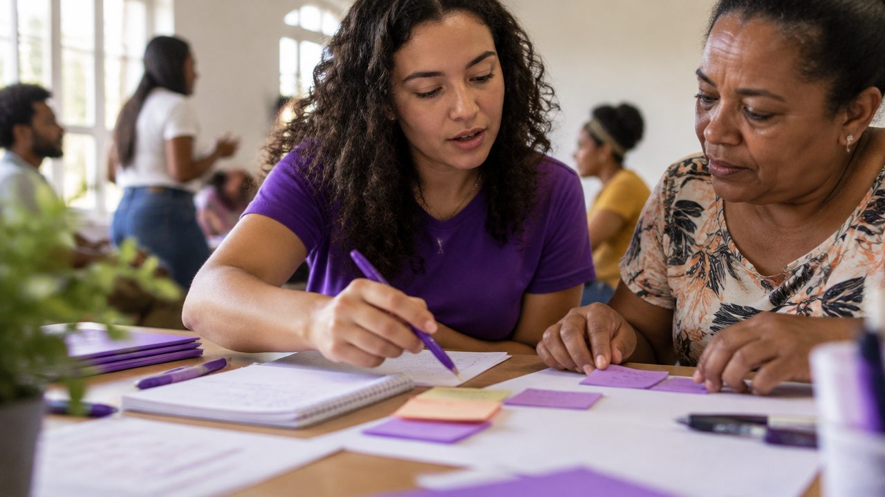 Estudante universitária e moradora planejam juntas uma atividade educativa comunitária