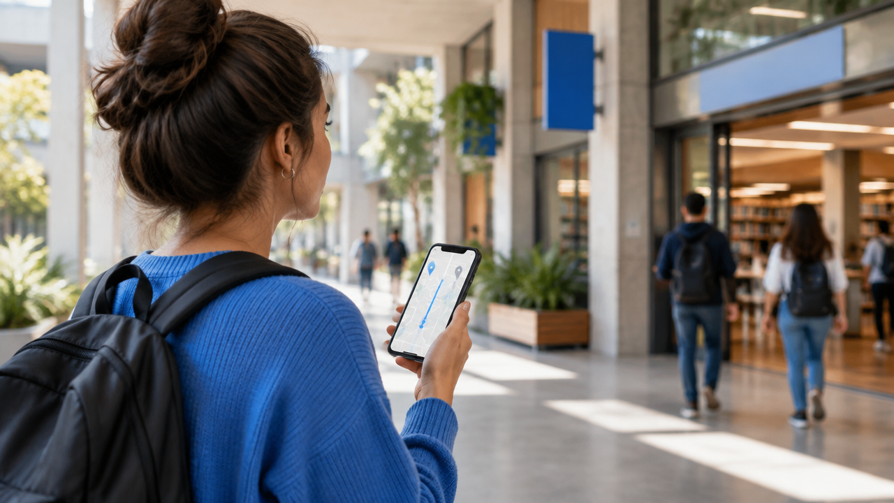 Estudante usa um mapa digital no celular para localizar a biblioteca no campus.