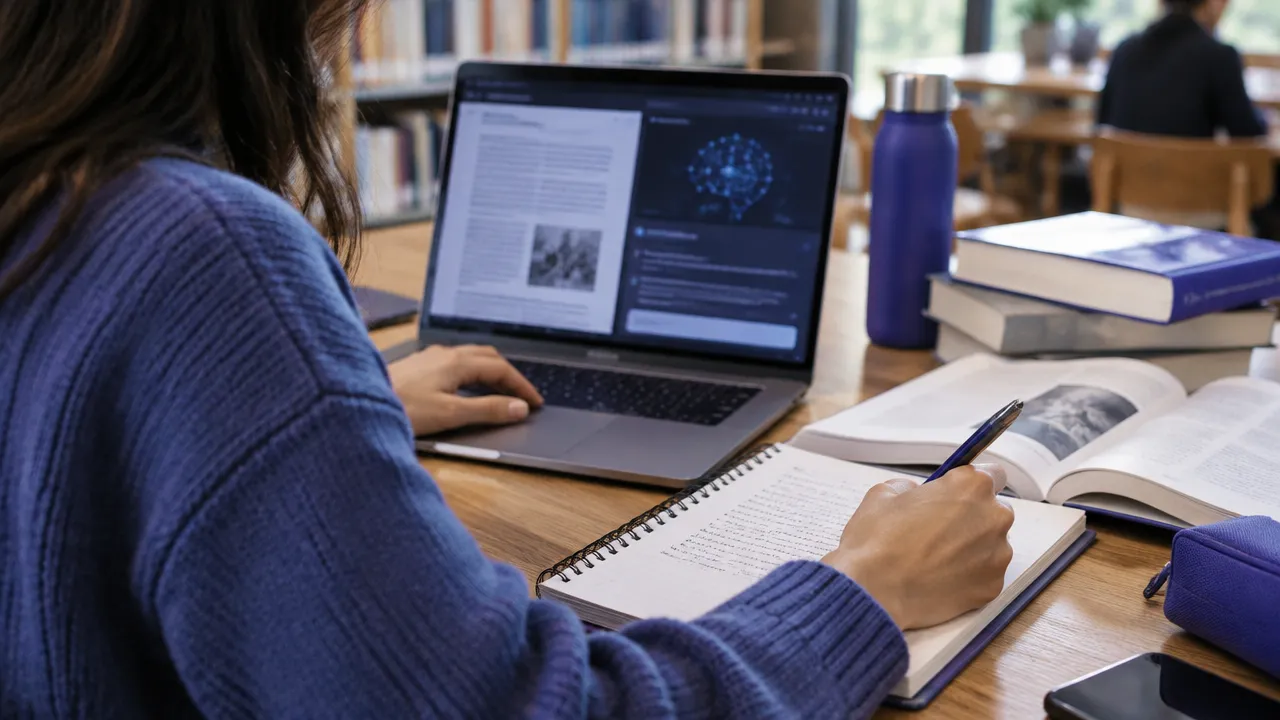 Estudante verifica fontes e registra ideias próprias enquanto trabalha com um laptop na biblioteca