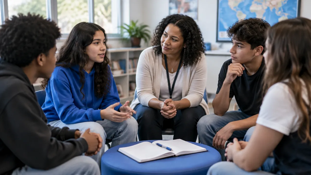 Estudantes e professora conversam em círculo para resolver um conflito com escuta e responsabilidade