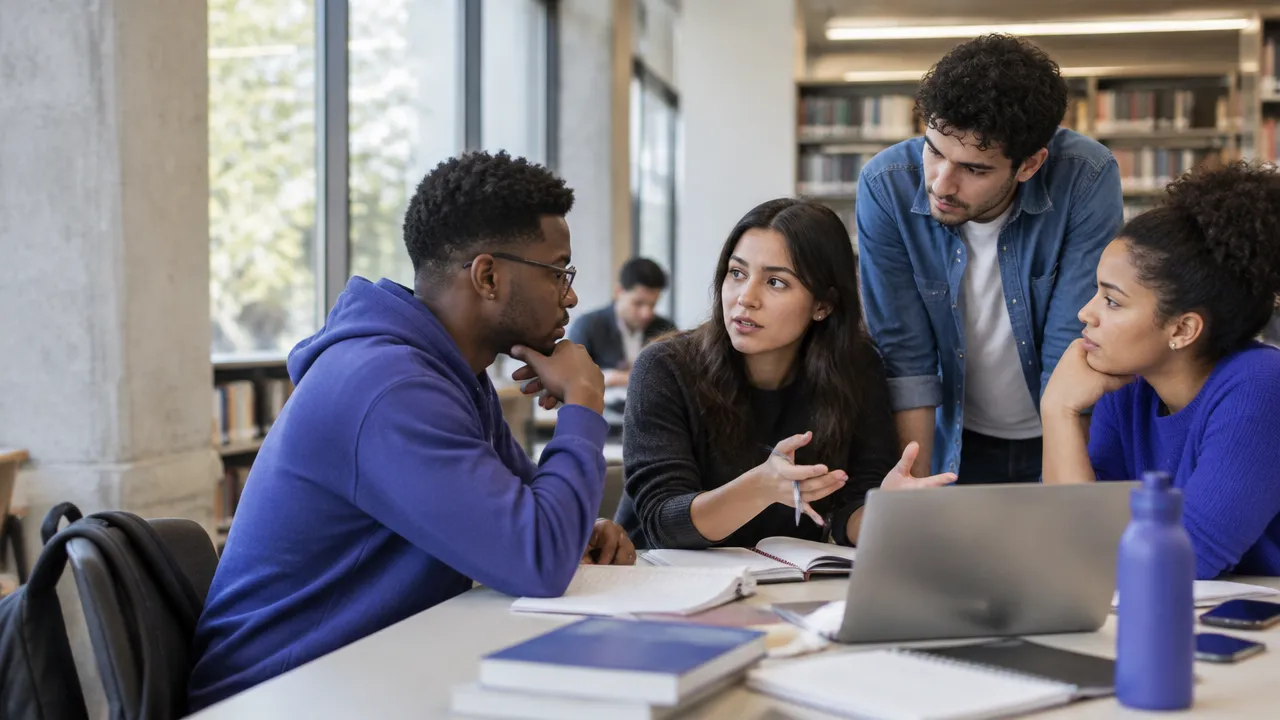 Estudantes universitários conversam sobre um dilema ético em torno de uma mesa de estudo