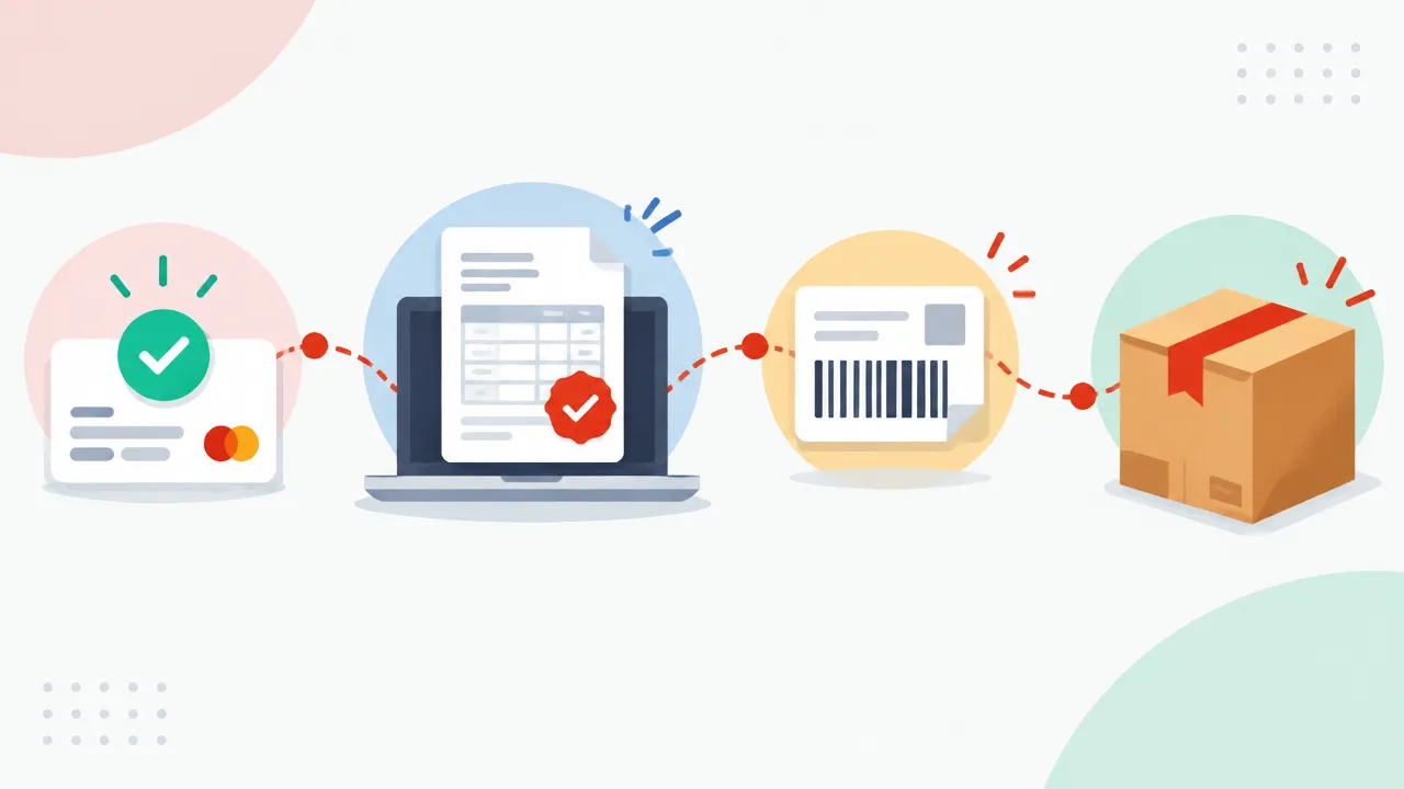 Etapas ilustradas entre pagamento, autorização da nota fiscal, etiqueta e despacho do pedido