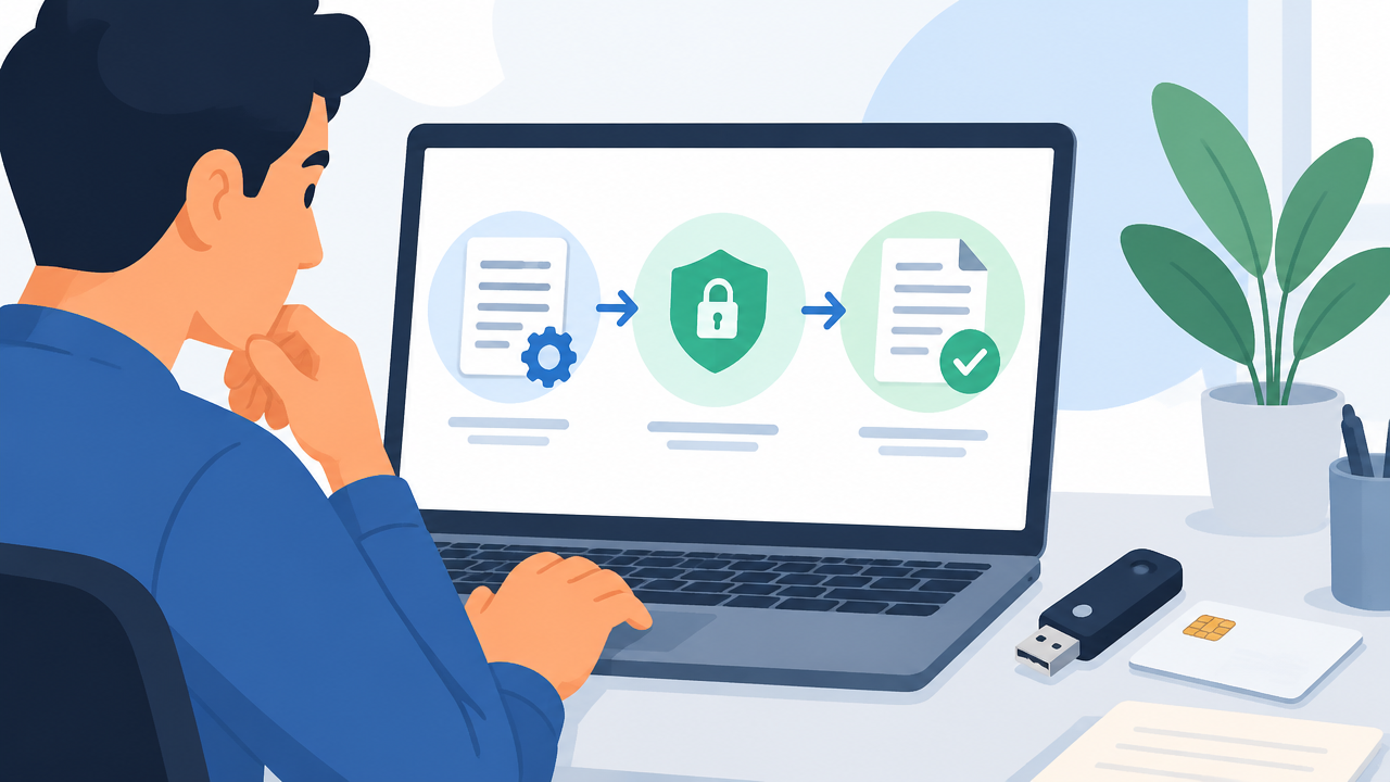 Etapas ilustradas para revisar dados, autenticar com certificado e concluir uma NFS-e