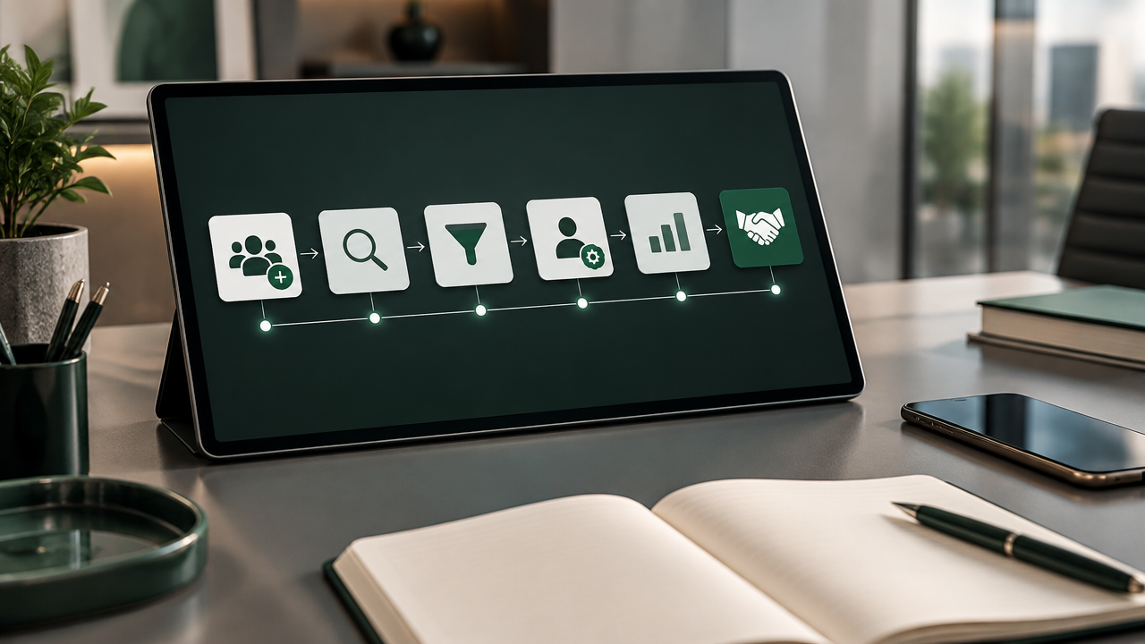 Etapas visuais de uma indicação B2B registrada e acompanhada no CRM