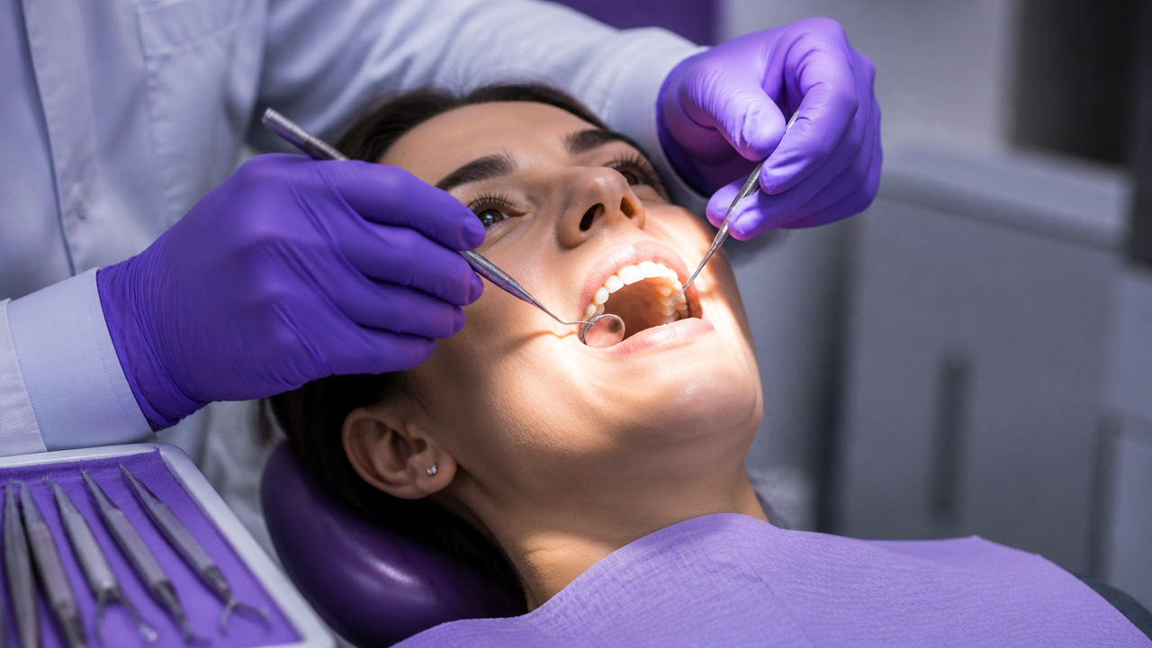Exame clínico da gengiva com sonda periodontal em consultório odontológico