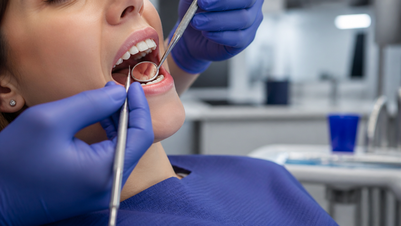 Exame odontológico detalhado da gengiva e dos dentes durante consulta preventiva