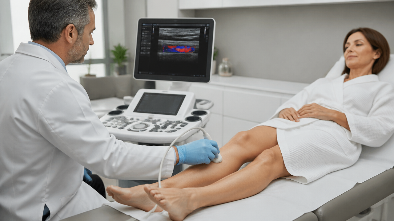 Exame vascular com ultrassom Doppler sendo realizado nas pernas de uma paciente em clínica moderna